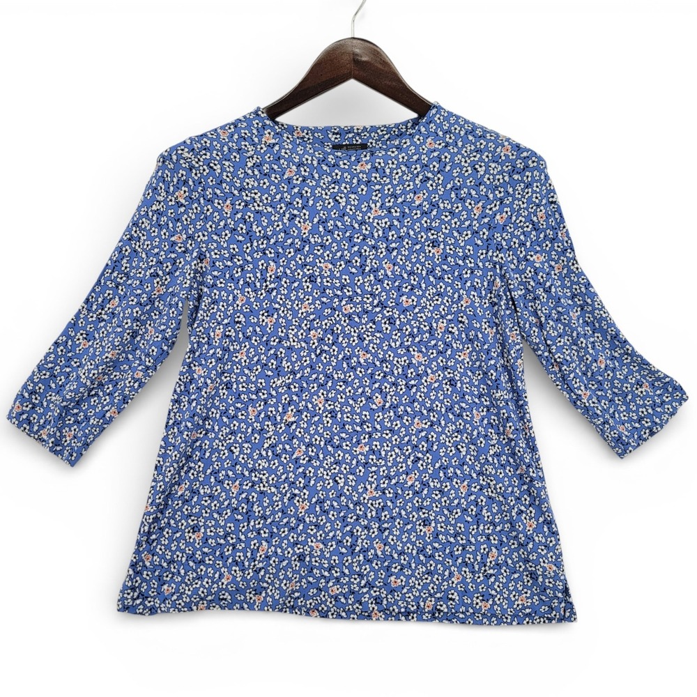 J Jill Womens XS Floral Knit Top Blue Wearever Stretch 3/4 Sleeve‎ Blouse